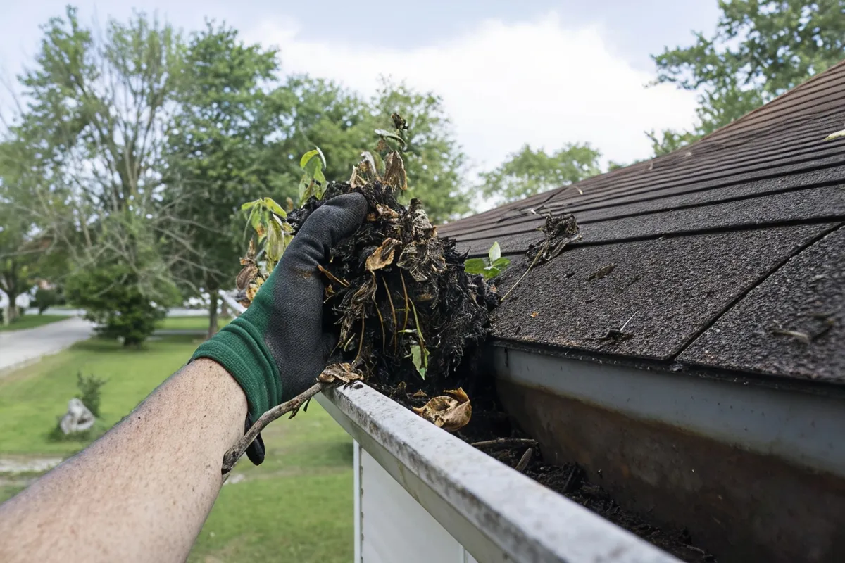 Technician cleaning residential gutters